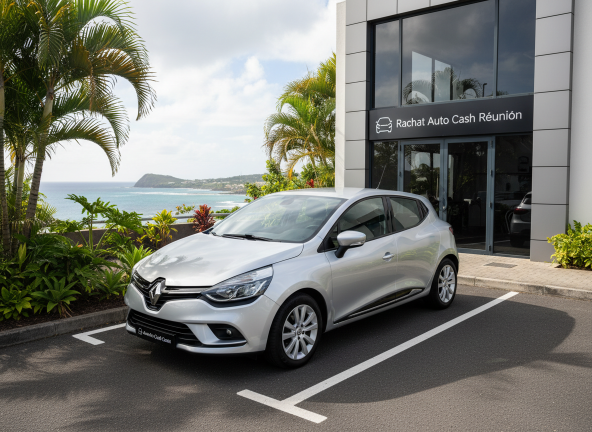 A clean, late-model hatchback with a metallic silver finish and subtle reflections on its polished body, parked in front of a modern, low-rise commercial building marked with a discreet “Rachat Auto Cash Réunion” sign. The car is perfectly aligned in a clearly painted parking bay, with lush tropical greenery and a glimpse of the Indian Ocean coastline in the softly blurred background, evoking La Réunion. Captured in bright but slightly diffused late-morning sunlight that creates crisp highlights along the roofline and gentle shadows beneath the chassis. Shot at eye level with photographic realism, rule-of-thirds composition, and a shallow depth of field, the mood is professional, trustworthy, and clean, ideal for a vehicle buyback service homepage hero image.